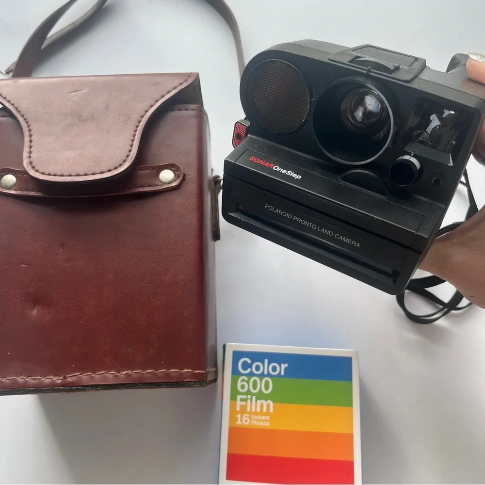 Polaroid OneStep Black Camera with Brown Leather Case
